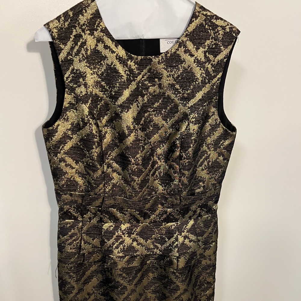 COCO Couture gorgeous black gold jacquard print sheath dress SZ 10